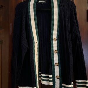 En Saison Black Cardigan with Green and White Accents - Never Worn
